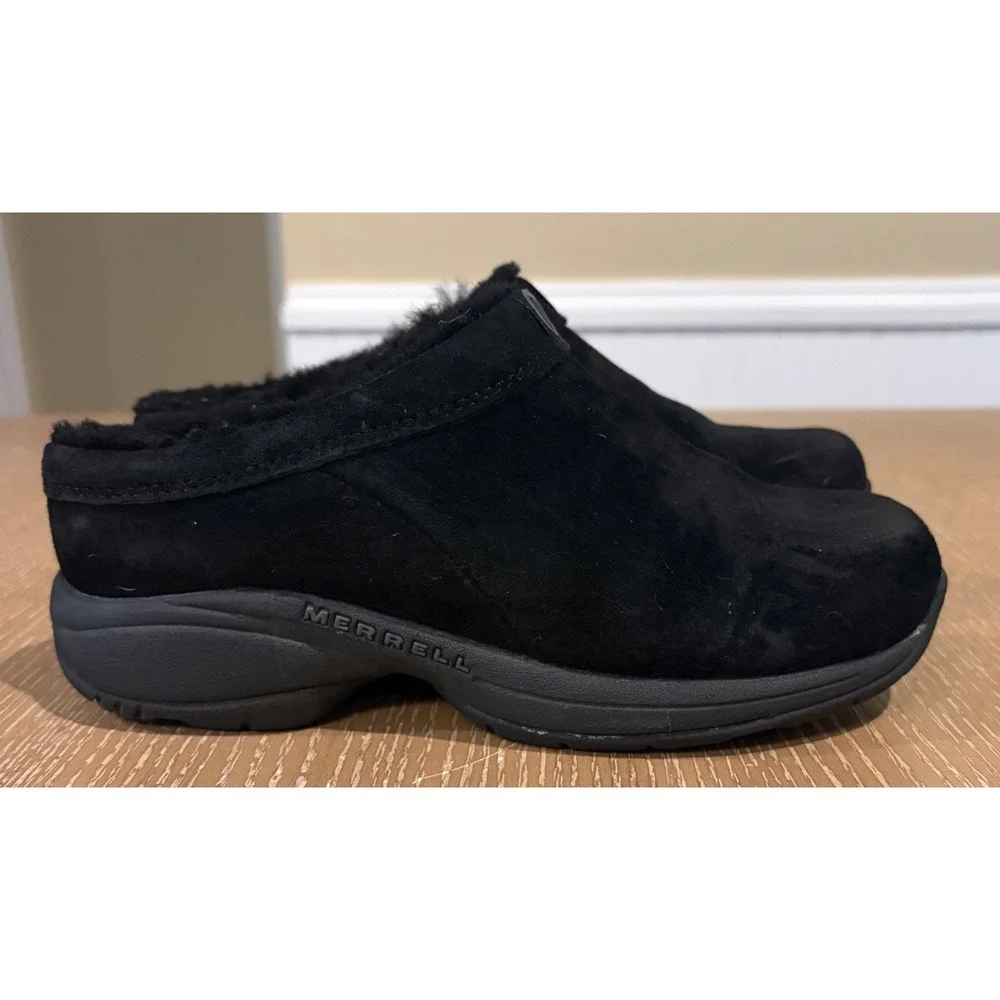 Merrell Women's 7 Black Suede Faux Fur Lined Slip On Clogs Comfort Shoes - Picture 1 of 7